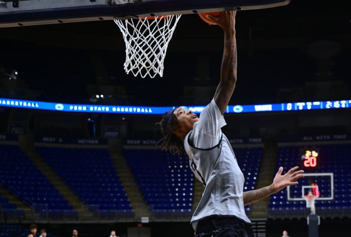 Penn State's Nick Kern Jr. goes through drills during a Nittany Lions men's basketball practice.